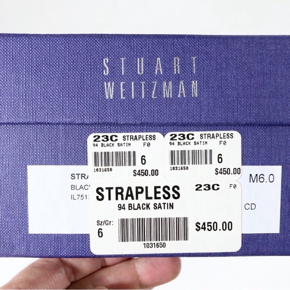 NWT Stuart Weitzman Feathered Black Satin Strapless Heels Size 6 - Picture 4 of 17